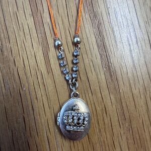 Vintage Juicy Couture Gold Locket Necklace with Crystal Crown and Orange Cord